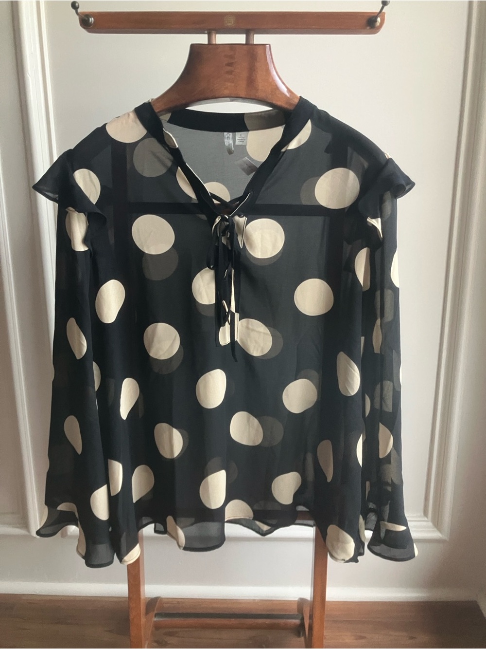 Cato Black & Ivory Polka Dot Sheer Tie-Neck Blouse Size Large